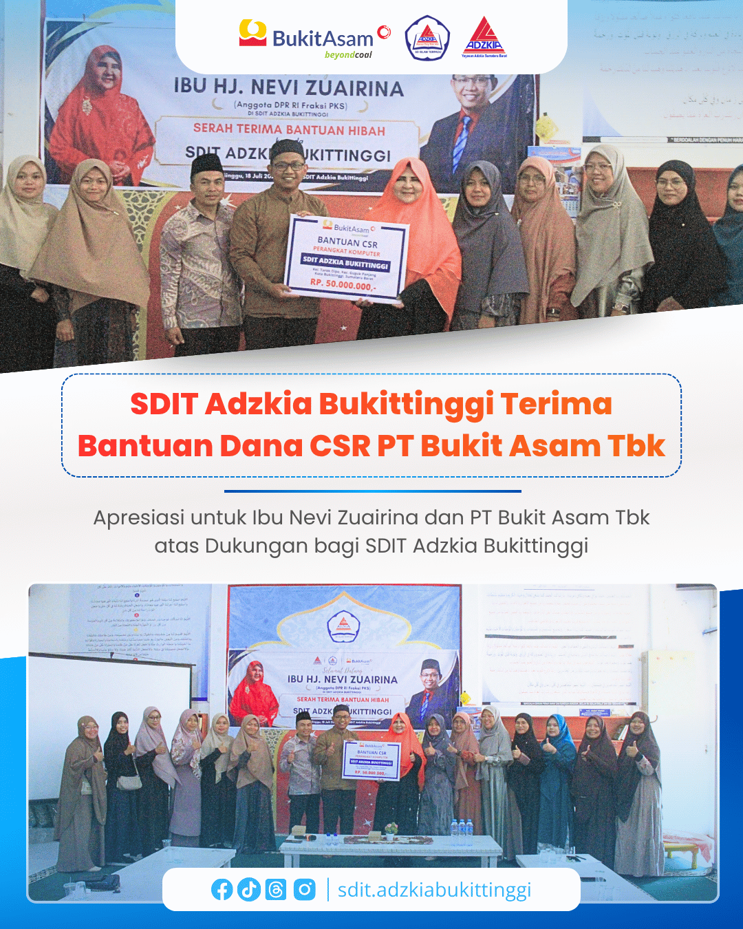 # SDIT Adzkia Bukittinggi Terima Bantuan Dana CSR PT Bukit Asam Tbk untuk Pengadaan Perangkat Komputer